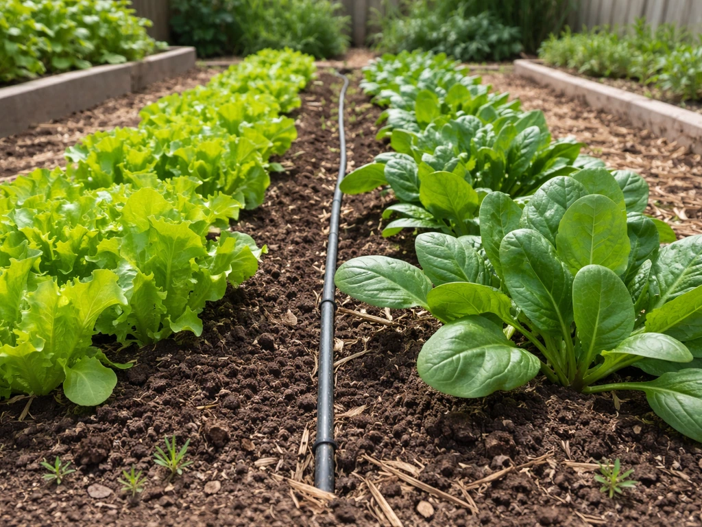 Lush vegetable garden bed with vibrant new growth and neatly controlled weeds in simple rows