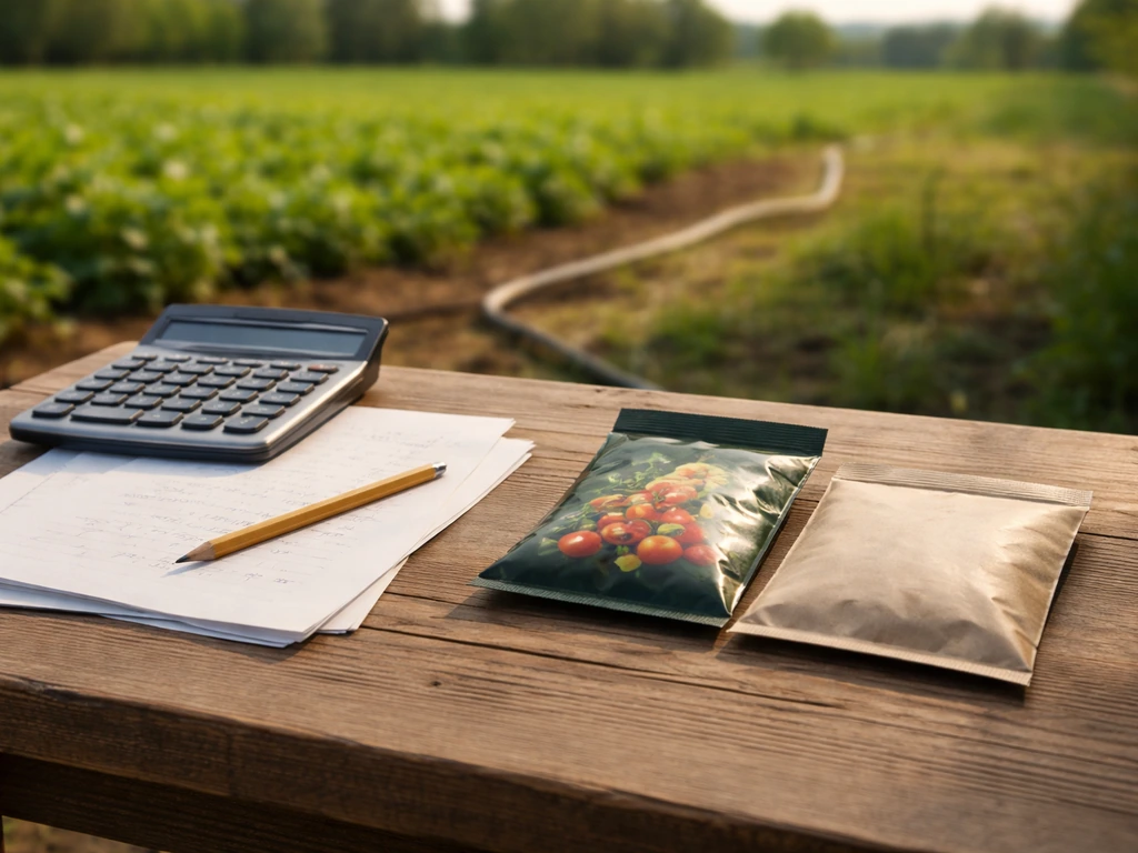 Calculator and plain papers beside two seed packets on a rural desk, suggesting farm cost breakdowns.