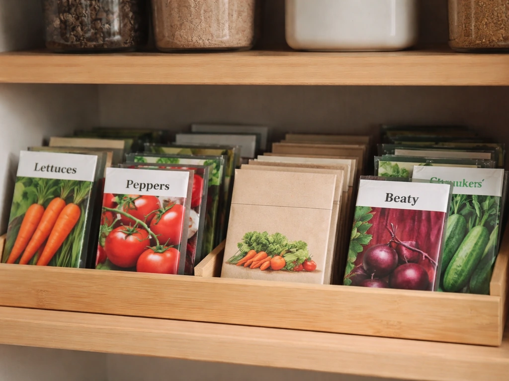 Close view of seed packets on a wooden shelf in a pantry, suggesting limited access to specific seeds.