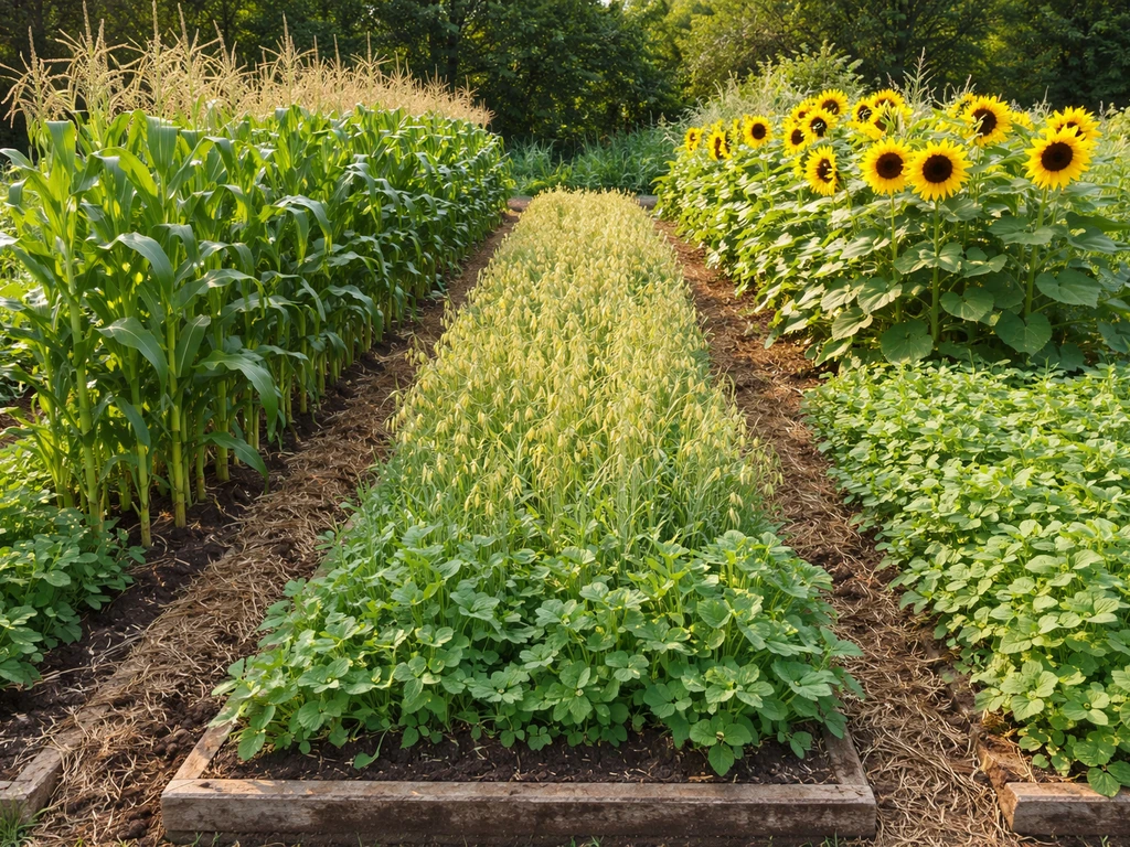 Colorful crop beds of corn, oats, and sunflower/legume plants growing in neat rows for pig feed.