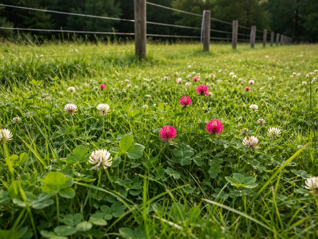 Clover and grass pasture mix growing in a grazable farm paddock with a visible fence line.