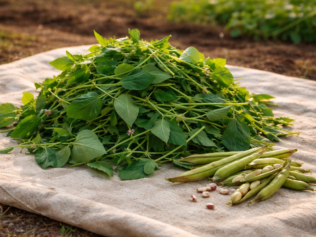 Fresh cowpea pods and green leaves laid out on a farm tarp for feeding
