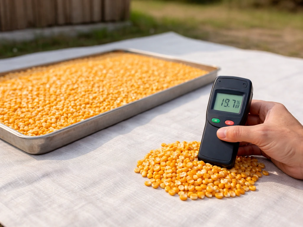 Person using a moisture meter while spreading corn kernels to dry on a clean tarp