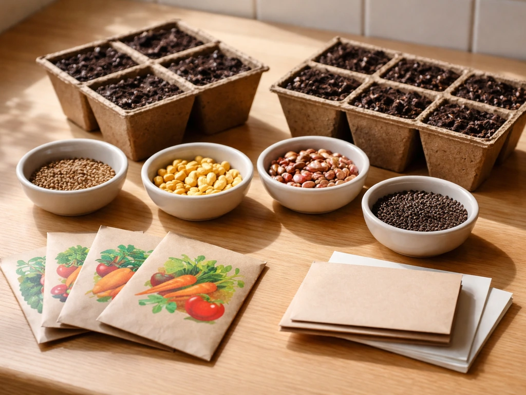 Close-up of seed packets and biodegradable trays with potting mix showing different staple crop choices.