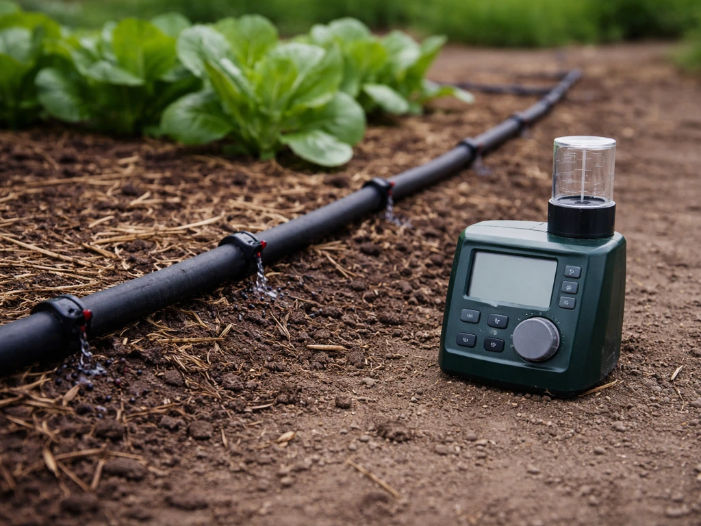 Drip irrigation hose with emitters across garden beds next to a simple rain gauge/timer device.