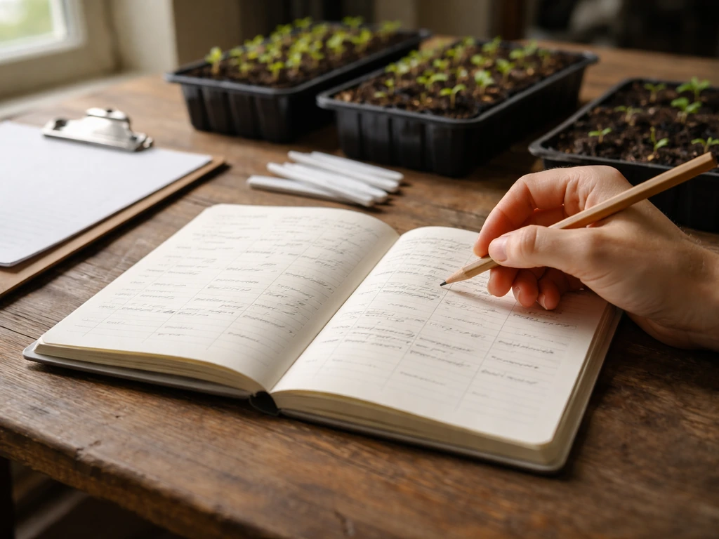 Notebook planting calendar beside seed trays and seedlings on a wooden table, with a pencil and markers.