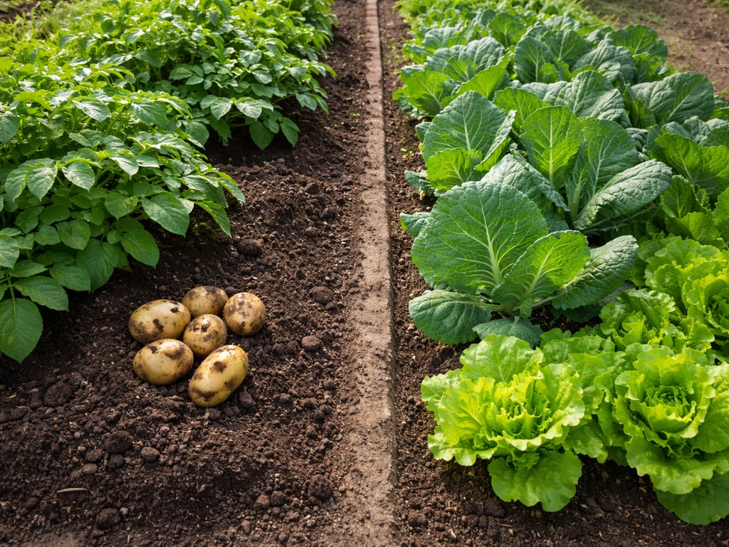Garden beds split between potato plants and leafy greens, showing a wider staple section beside a smaller greens section