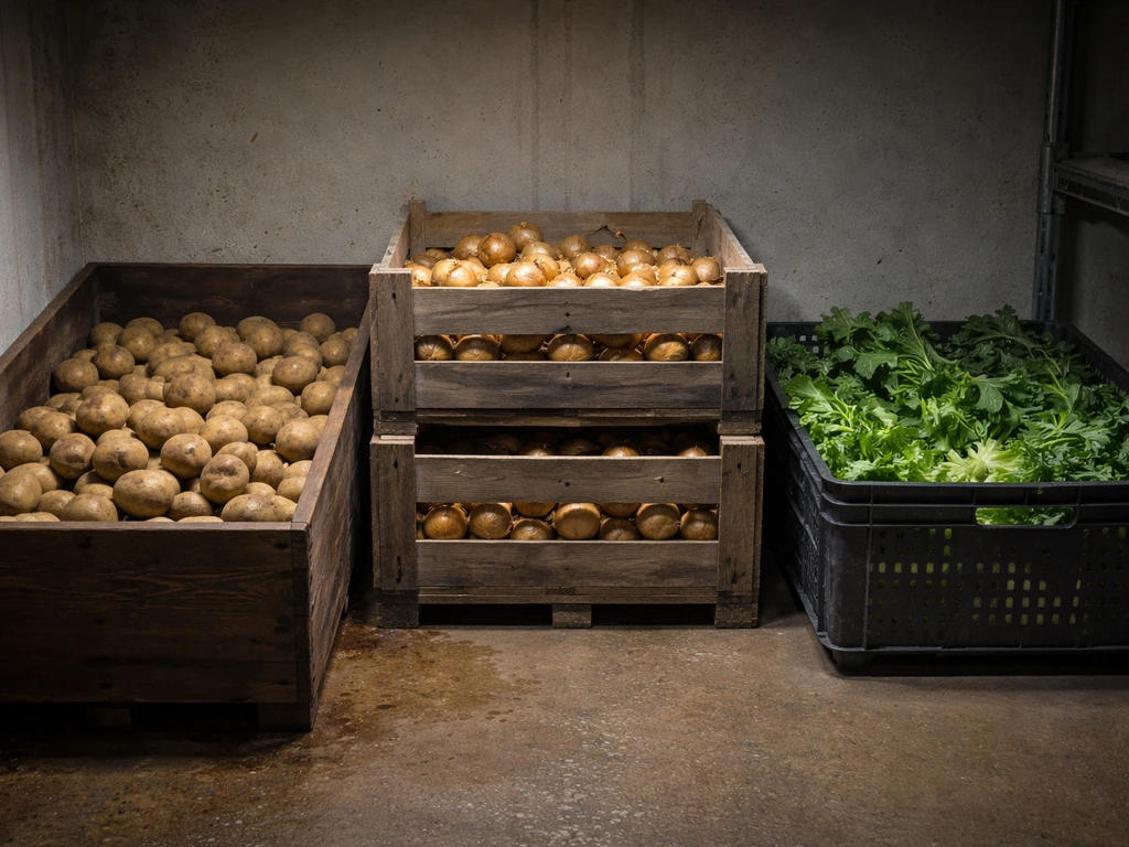 Potatoes, onions, and leafy greens stored in separate containers with appropriate ventilation and cool conditions.