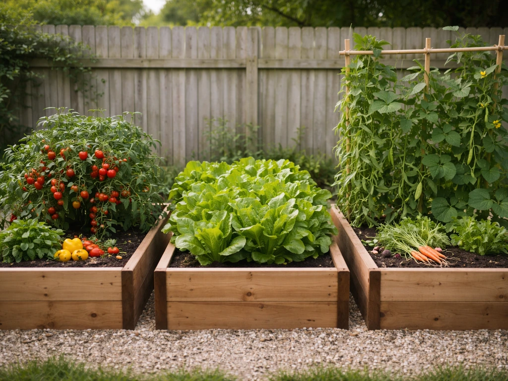Fresh tomatoes, leafy greens, and beans growing in tidy raised garden beds in a backyard.
