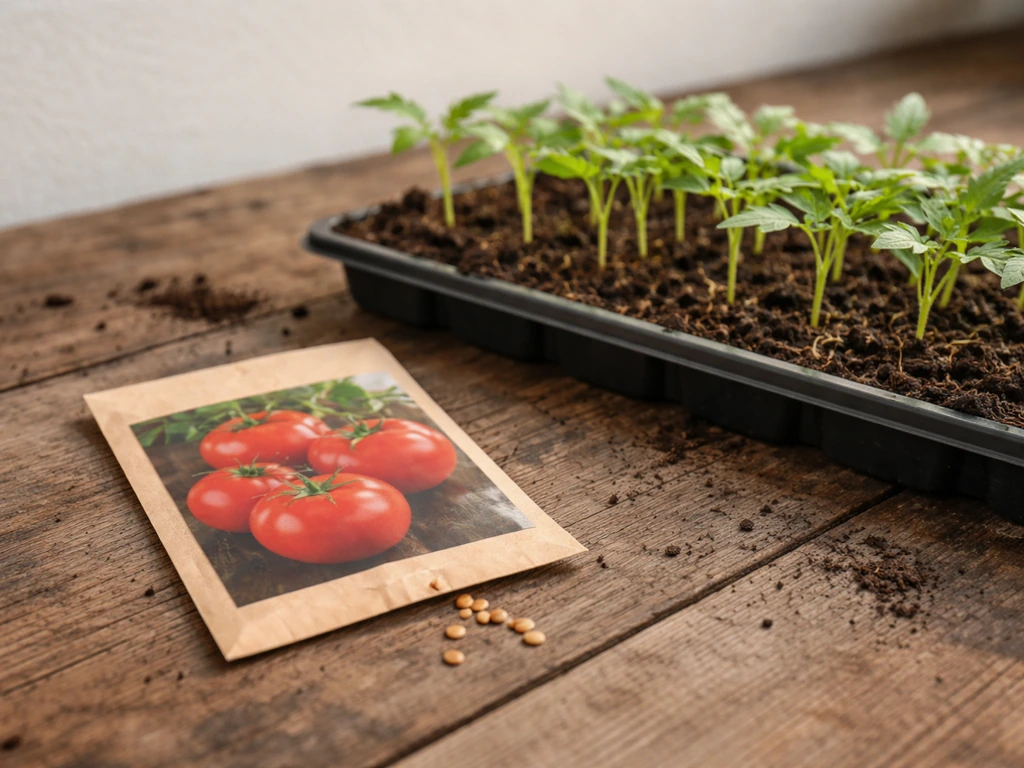 Tomato seed packet beside a small row of green seedlings in a simple garden tray.