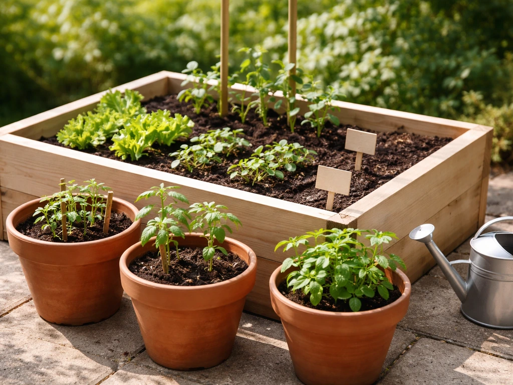 Small patio planter with easy vegetable seedlings like lettuce, radish, beans, and cherry tomatoes, with watering can.