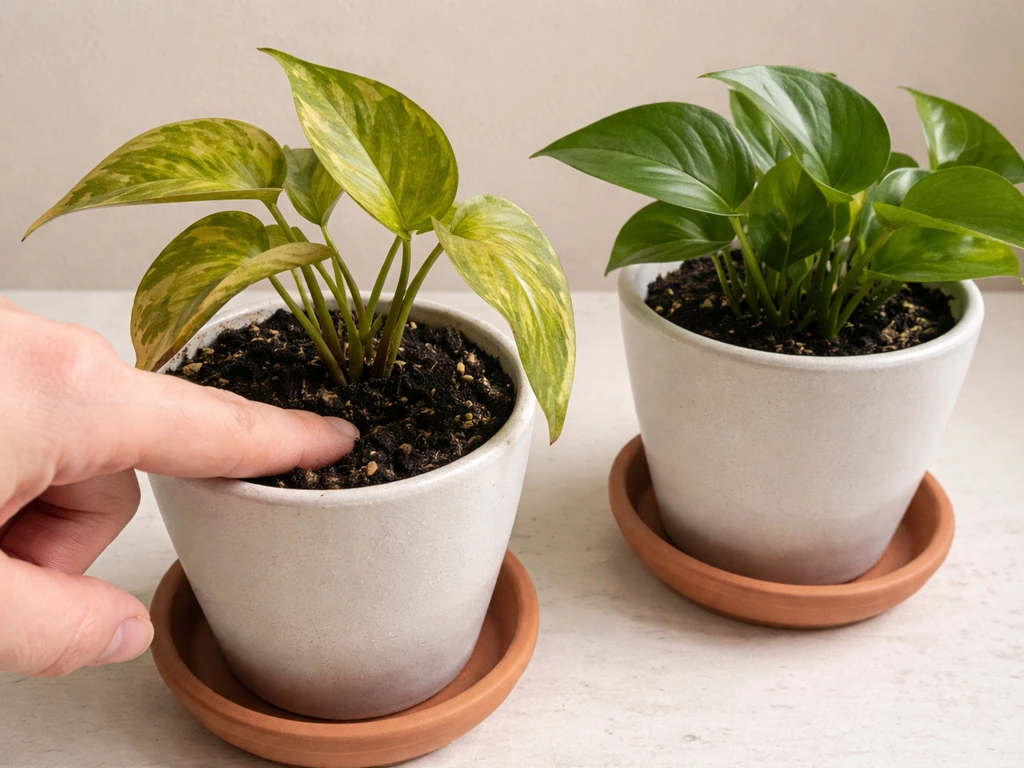 Hand inserts a finger into damp soil beside a drooping, yellowing potted plant to show overwatering.