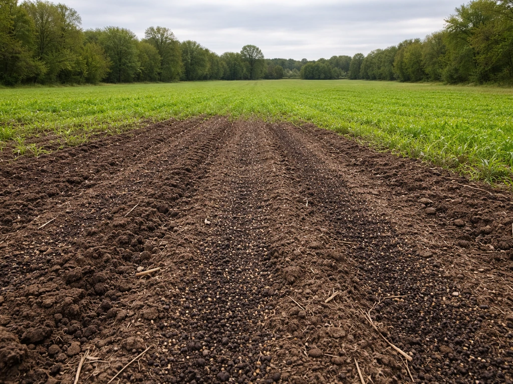 Freshly broadcast deer seed over soil, transitioning to lush green growth in a wide throw-and-grow plot.