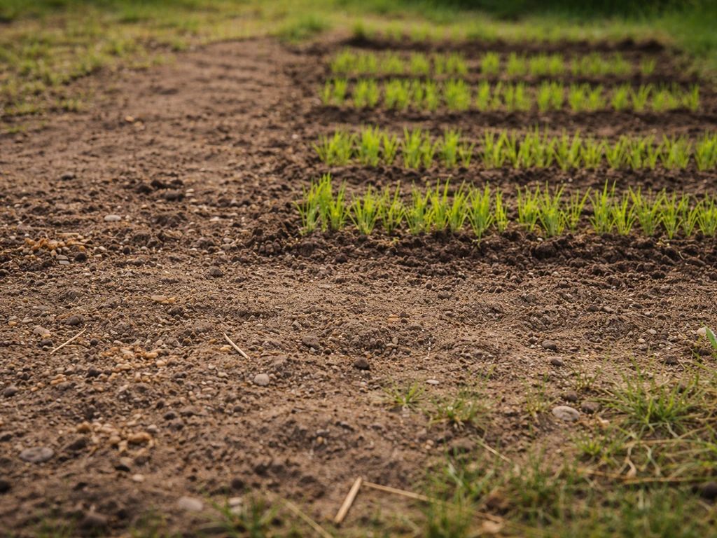 Lightly cleared garden plot with fresh green shoots emerging, showing early “throw and grow” success.