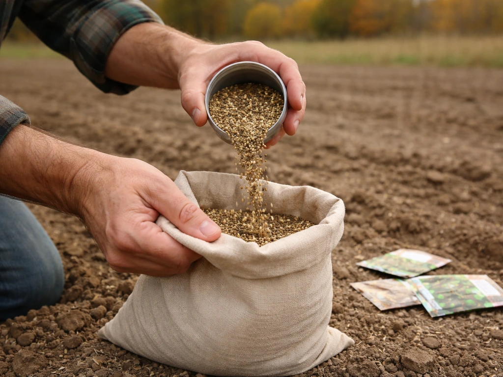 Close view of a person’s hands measuring fall throw-and-grow seed mix over a prepared field in autumn.