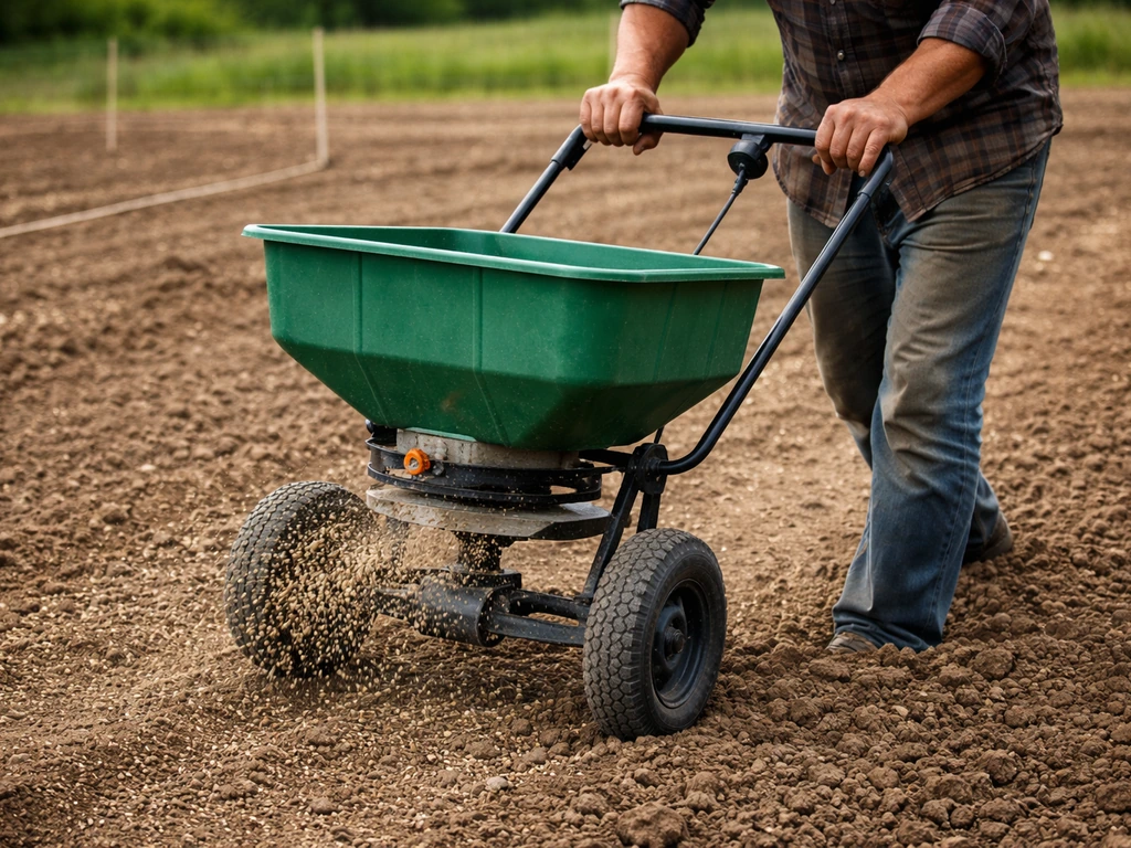 Hand-throwing seeds with a broadcast spreader over a measured farm plot, visible seed coverage on soil