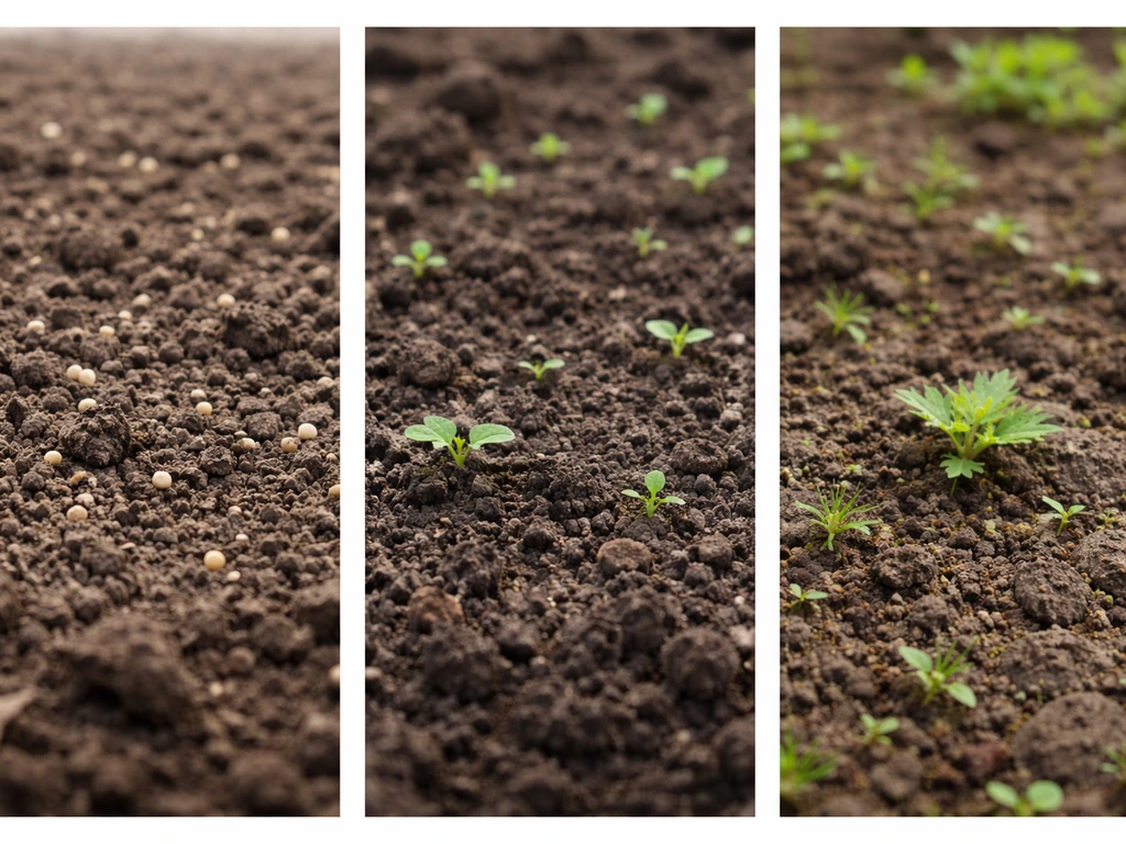 Gardening close-ups showing three seed-start failure signs: surface seeds, patchy emergence, and weedy acidic soil.