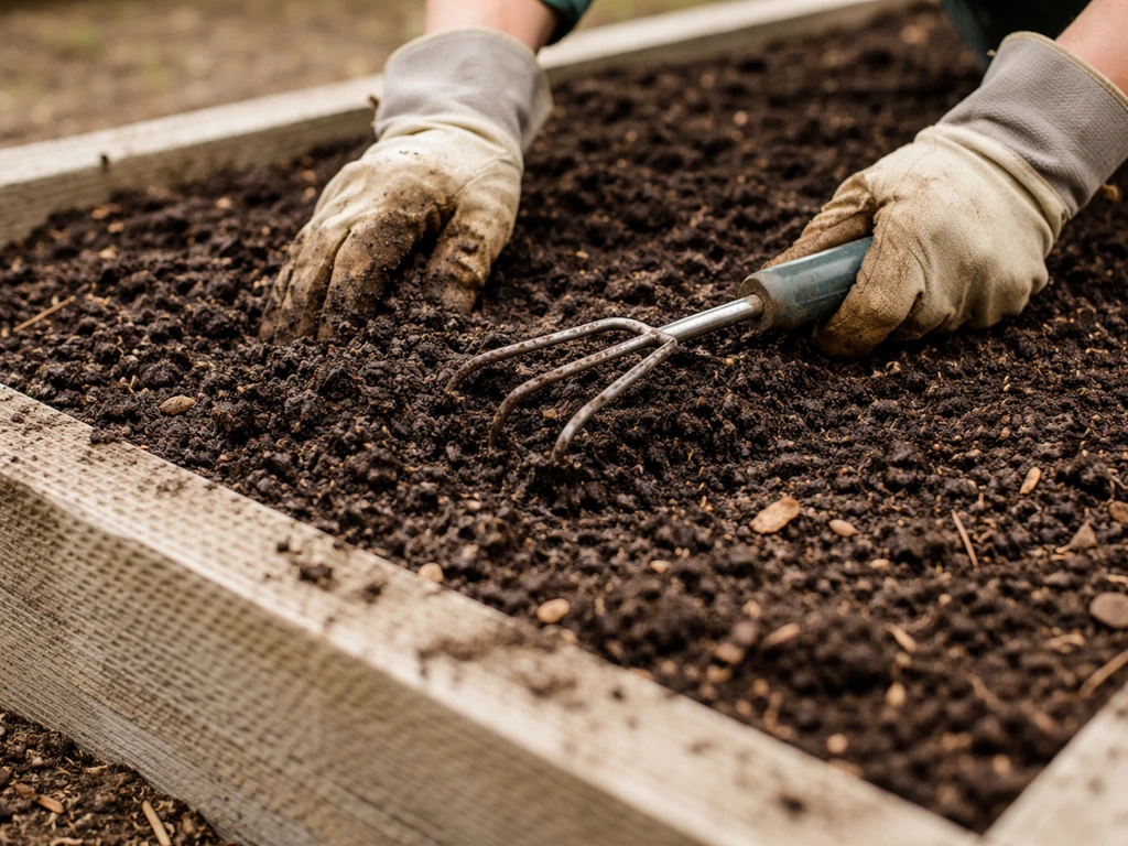 Hands spreading compost into a raised garden bed, lightly worked into the top soil layer
