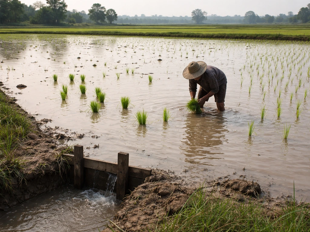 Farmer hand-planting rice in a flooded paddy, with a small water channel feeding the field
