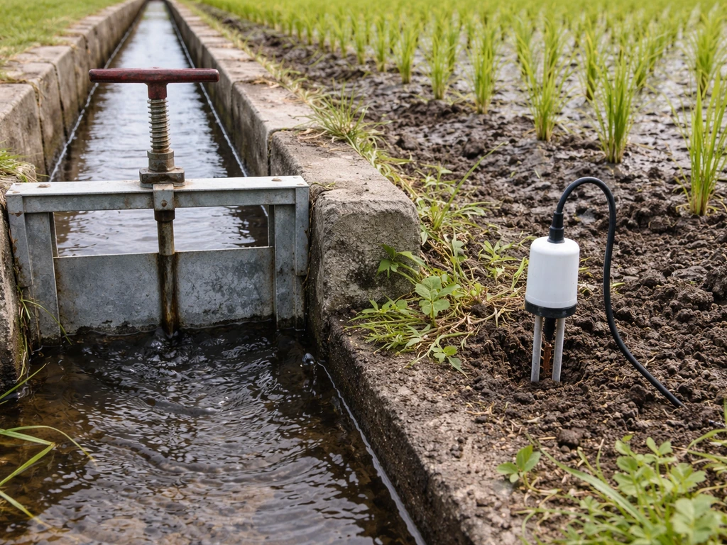 Concrete canal with a valve and a soil moisture sensor probe in a rice field, water flowing.