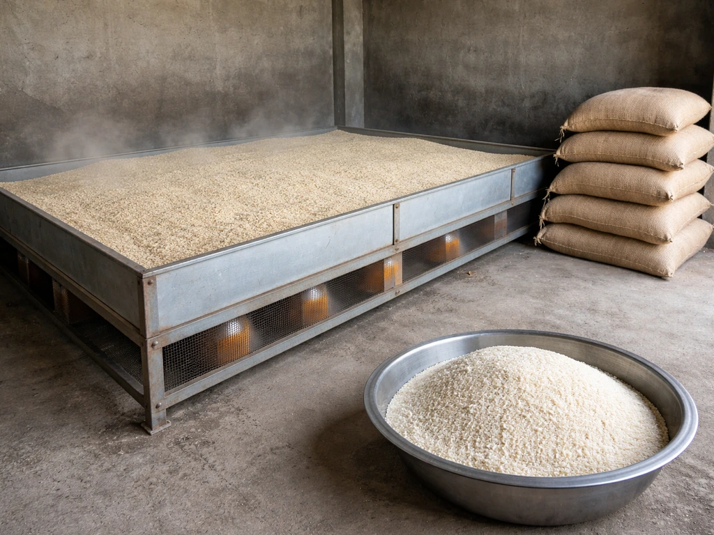 Flatbed mechanical rice dryer with grain sacks and a basin of freshly milled rice in a simple workshop.