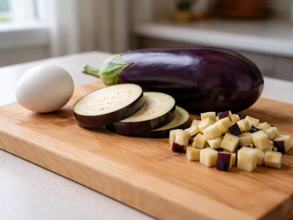 Raw egg on one side and sliced eggplant on a cutting board, suggesting eggplant is a vegetable.