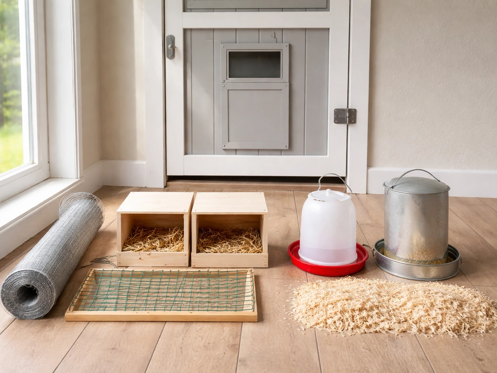 Minimal checklist-style photo of essential bird coop items laid out neatly for new owners
