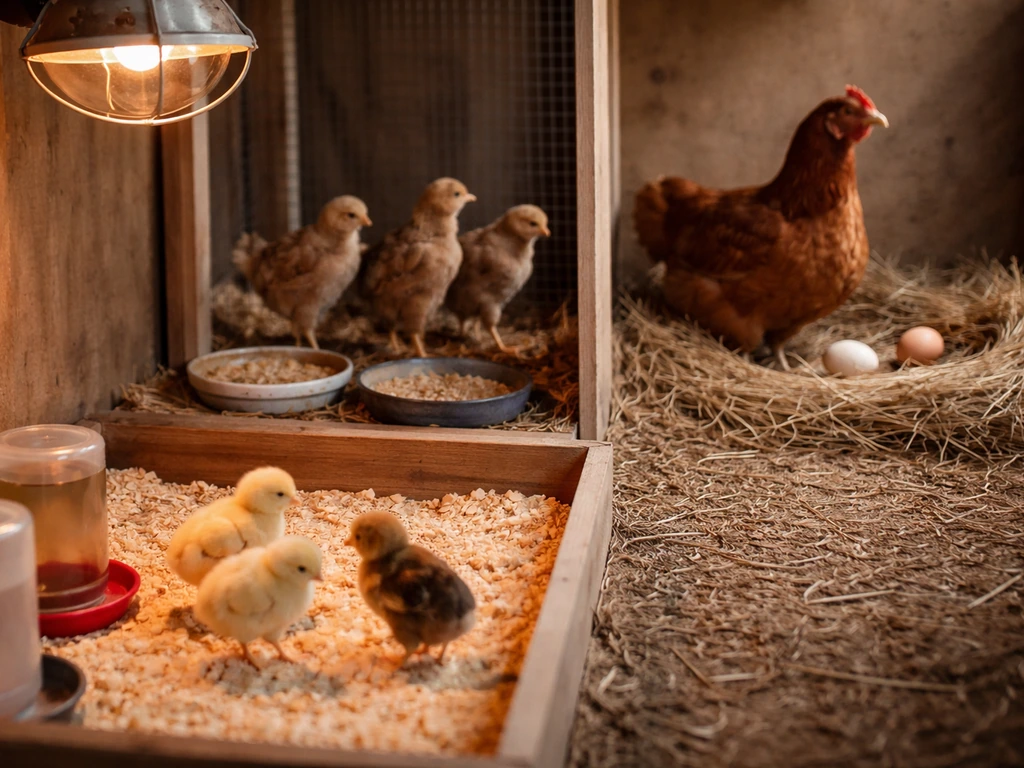 Chicks in a brooder, pullets in a small pen, and a hen by a straw nest with eggs.
