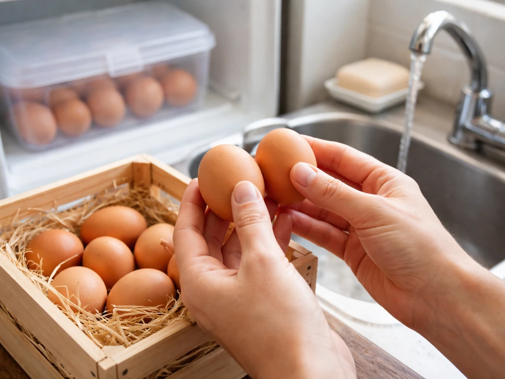 Hands holding freshly collected eggs above a crate, with a simple sink and a refrigerated egg box in view.