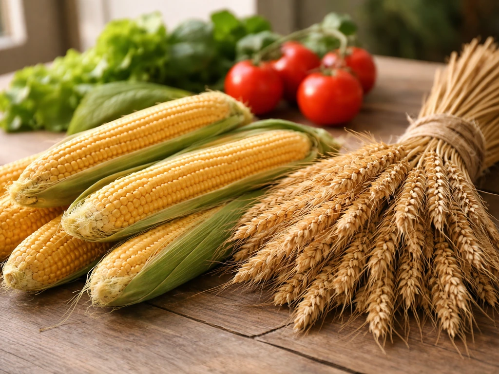 Close-up of harvested corn and wheat with a few fresh vegetables in a simple farm setting.