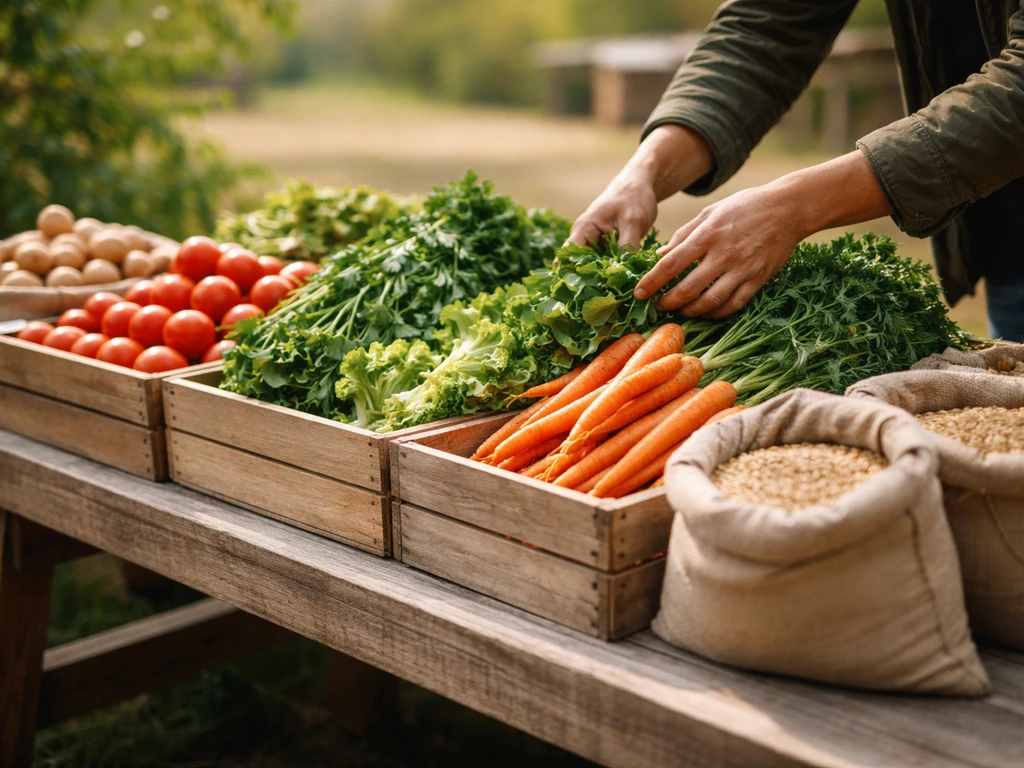 Hands selecting fresh vegetables from crates at a simple local farm stand table.
