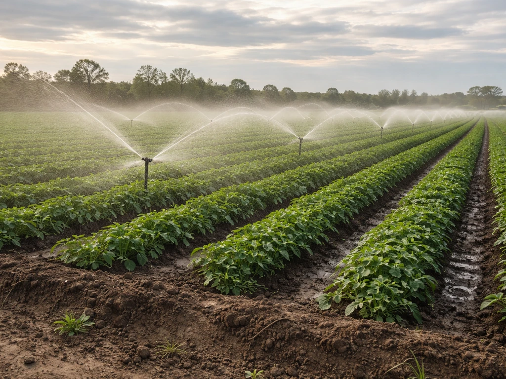Irrigation sprinklers running in a green crop field under a cloudy sky, showing water-matching conditions.