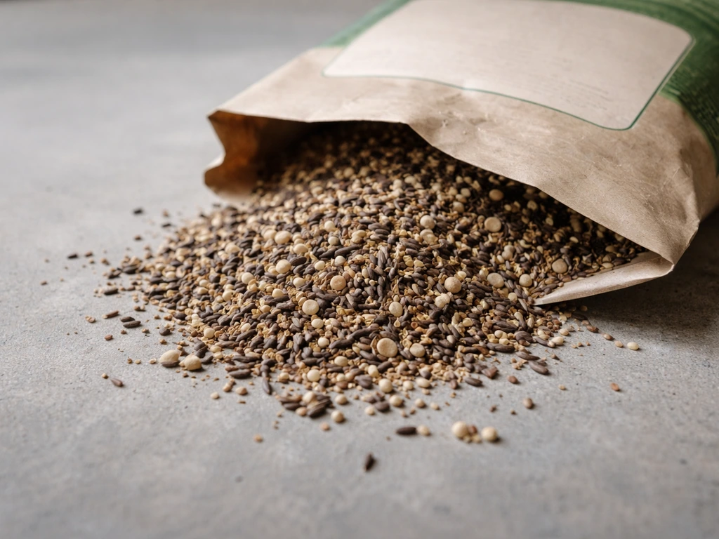 Macro close-up of an opened seed mix bag with scattered annual ryegrass-like grains and chaff.