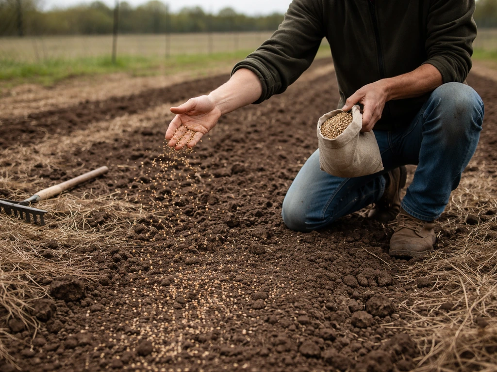 Close view of a person kneeling in a no-till plot raking weeds aside and scattering seed on bare soil.