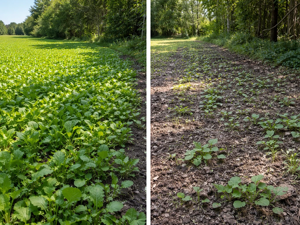 Two side-by-side garden sections: full-sun grass thriving and partial-shade edge struggling after seeding.