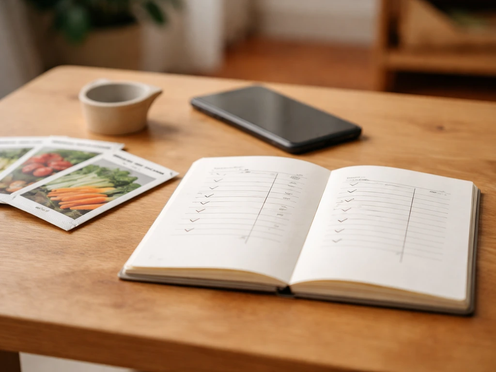 Natural light photo of seed packets and a notebook on a small table, suggesting a simple cost comparison.