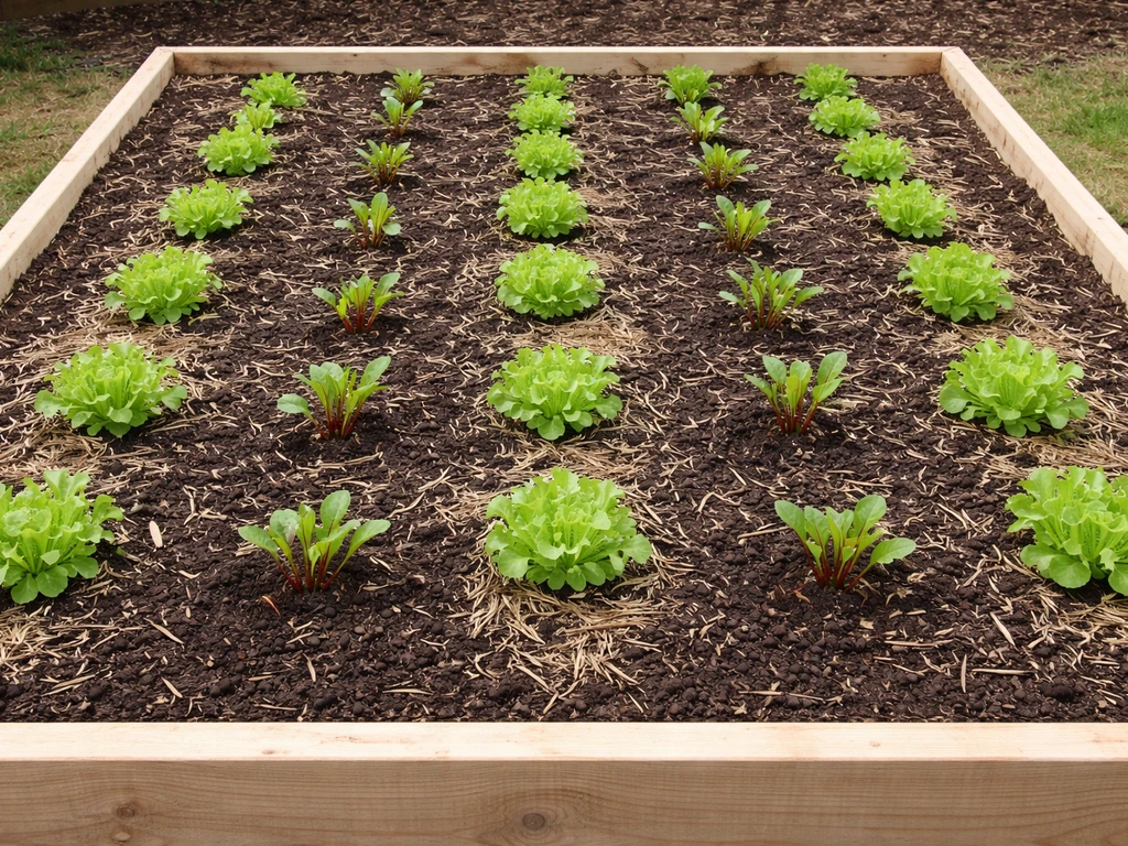 Raised garden bed showing beet rows with lettuce spaced between, neatly mulched soil and small seedlings.