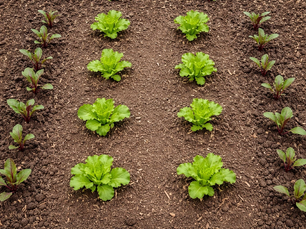 Overhead view of a garden bed showing lettuce planted 6–8 inches apart between beet rows