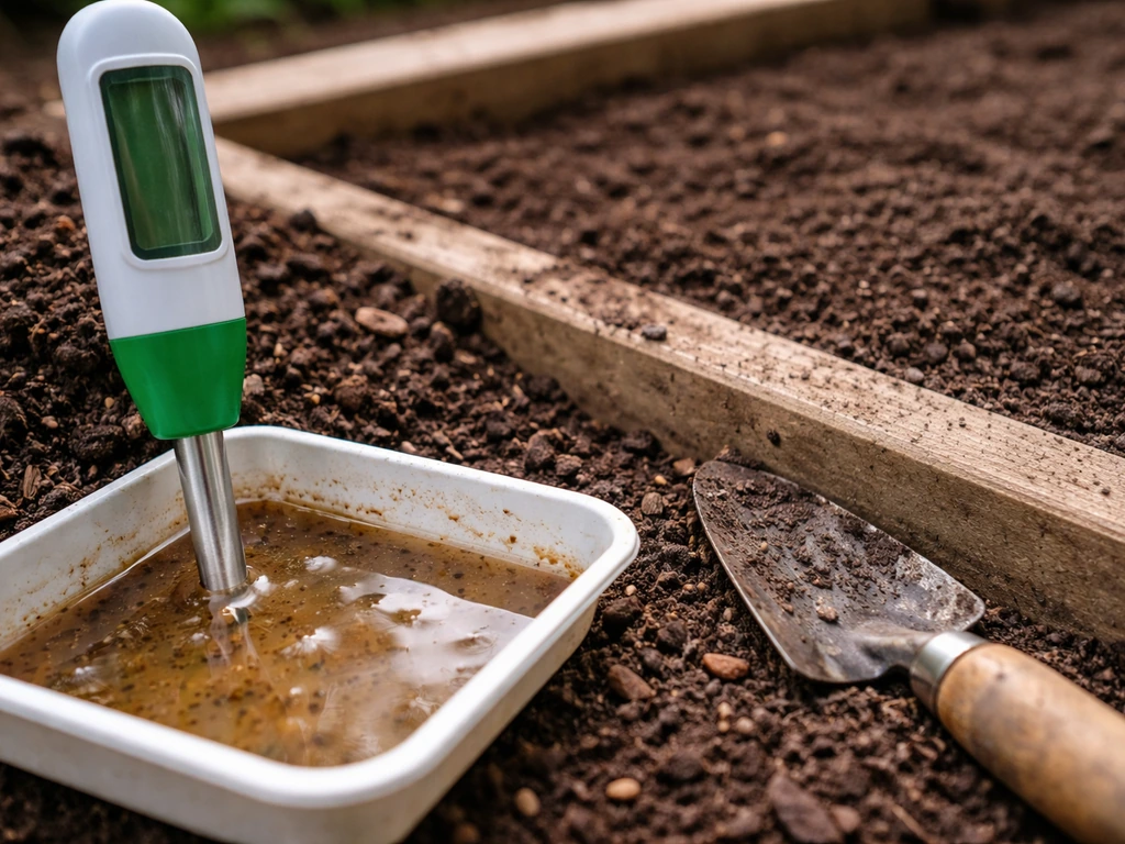 Close-up of soil pH testing strip on a tray beside nutrient-amended raised bed soil ready for planting.