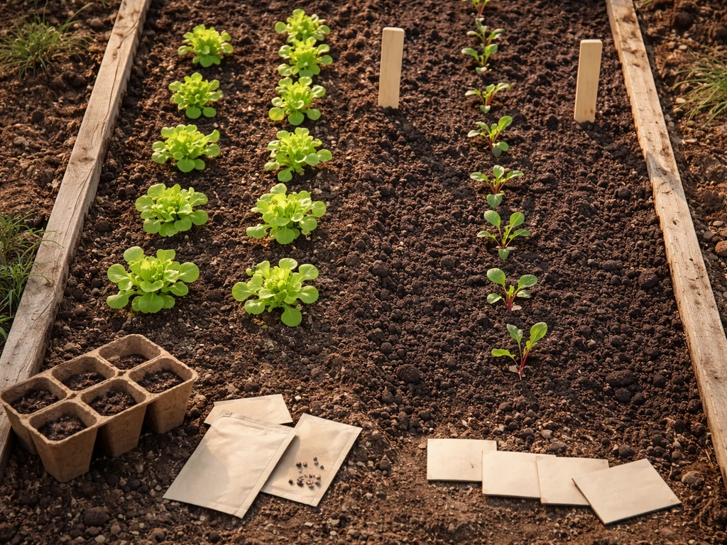 Minimal garden bed showing lettuce and beet rows with blank seed packets and simple bed markers to suggest staggered sow