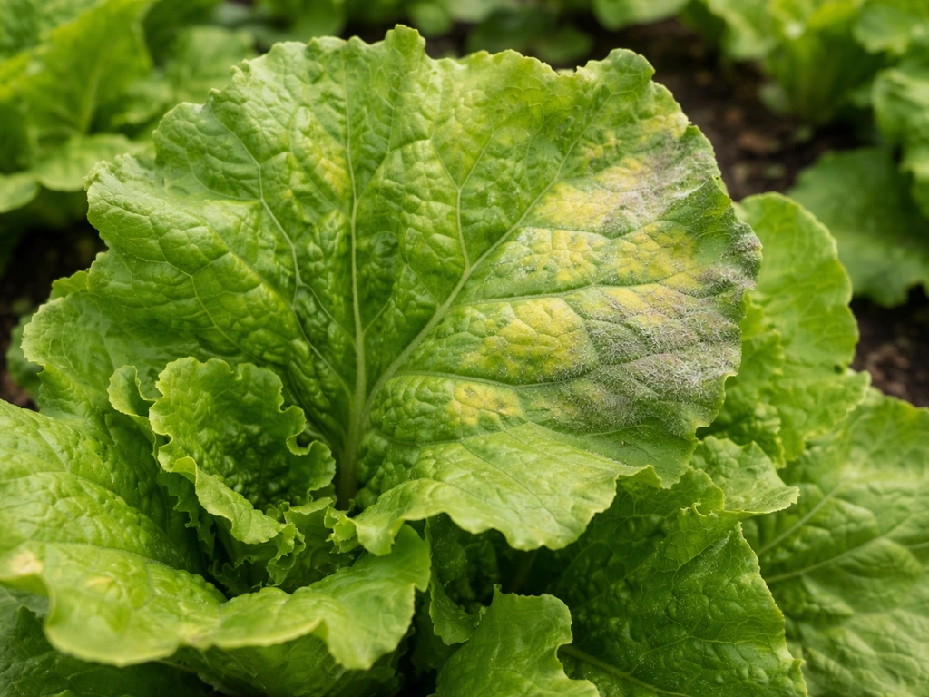 Close-up of lettuce leaves with subtle yellow and grayish-purple downy mildew growth in a garden bed.