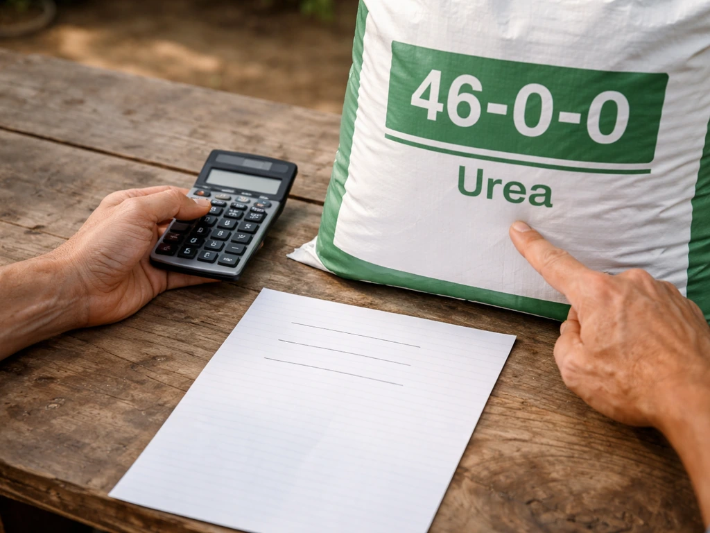 Hands with a calculator beside a fertilizer bag label showing nitrogen percentage and fertilizer form.