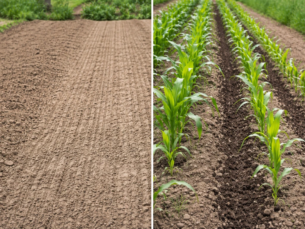 Adjacent corn rows showing worked-in pre-plant nitrogen on one strip and a sidedress band on the other.