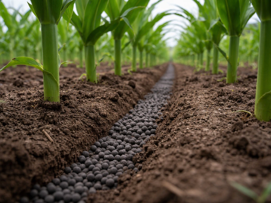 Granules of nitrogen fertilizer placed in a narrow band along corn rows at V5–V6 stage.