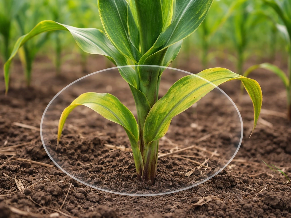 Close-up of corn leaves with pale yellowing lower leaves, illustrating nitrogen deficiency in a simple farm setting.