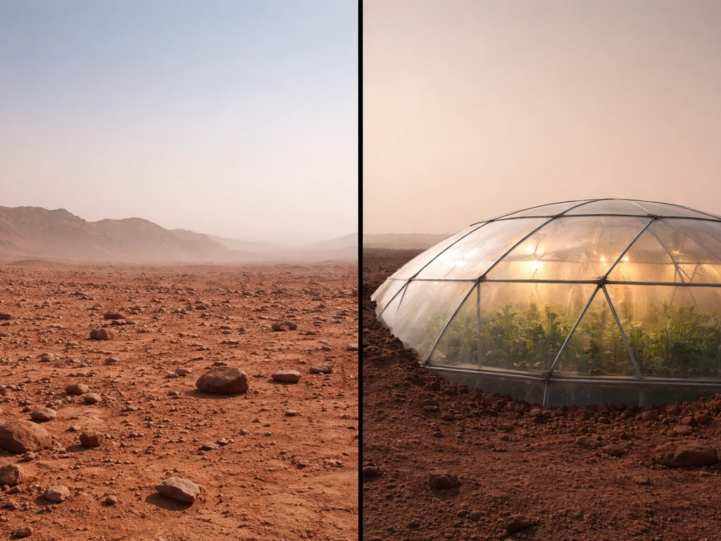 Stark Mars landscape contrasted with a covered greenhouse idea for growing potatoes amid cold, thin air, radiation risk.