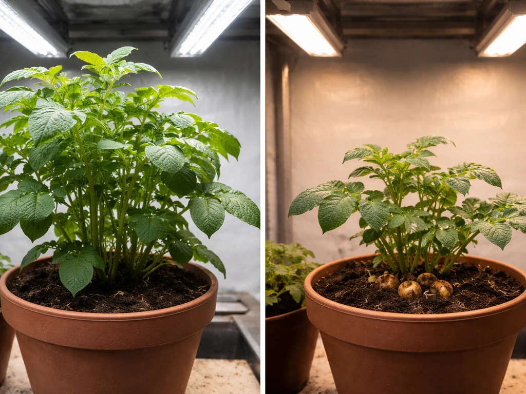 Two potted potato plants under grow lights: one lush vegetative, one showing emerging tubers at soil level.