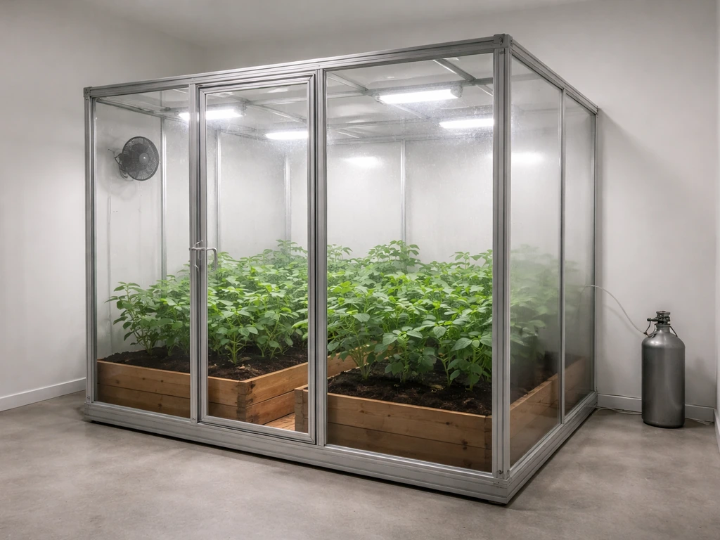 Minimal sealed transparent greenhouse setup with grow lights, fan, and CO₂ tubing for indoor potato growing.
