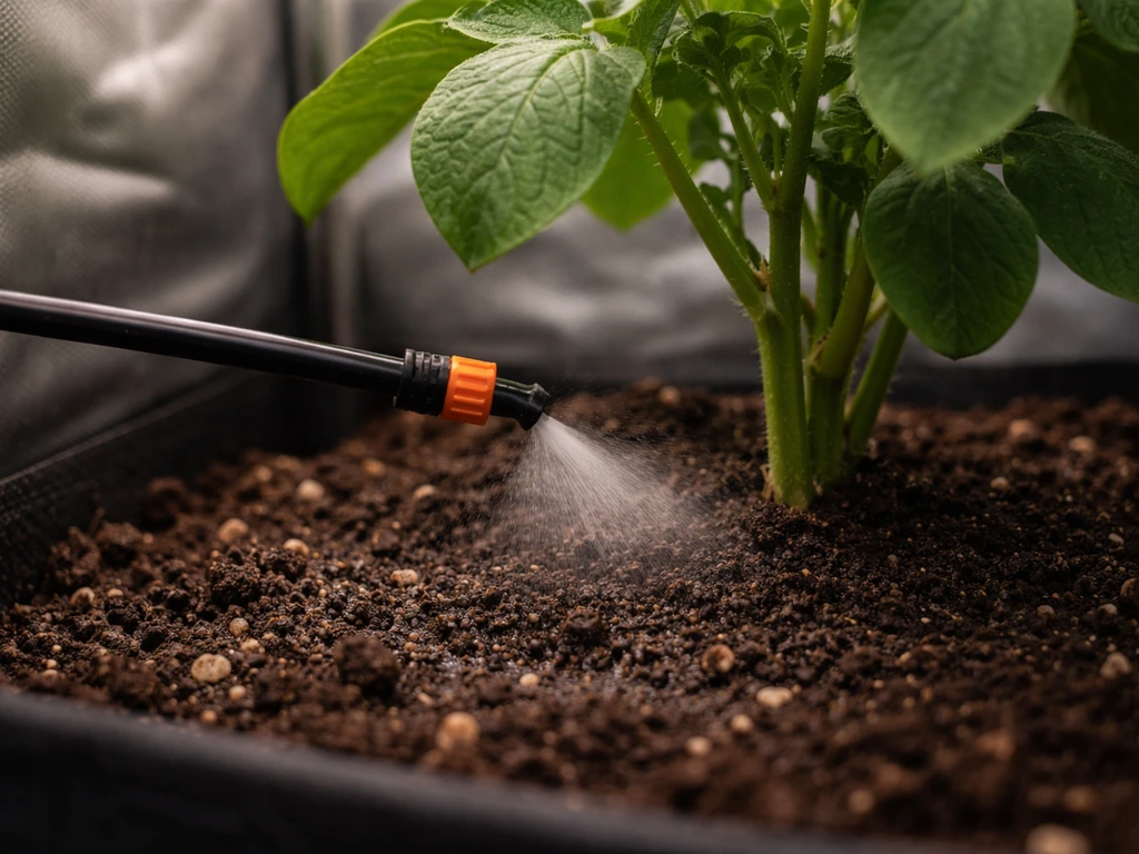 Inside a grow tent, a drip nozzle waters soil near a potato plant while leaves remain dry.