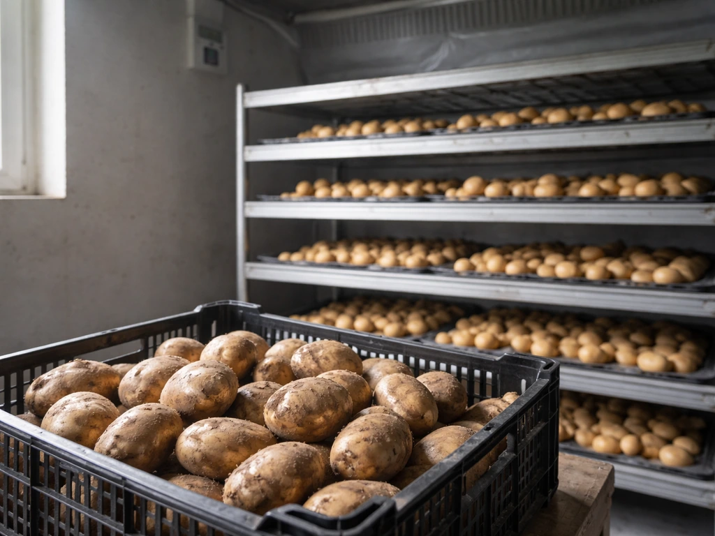 Fresh potatoes in a ventilated crate next to another batch on a curing rack shelf, in a simple storage room.